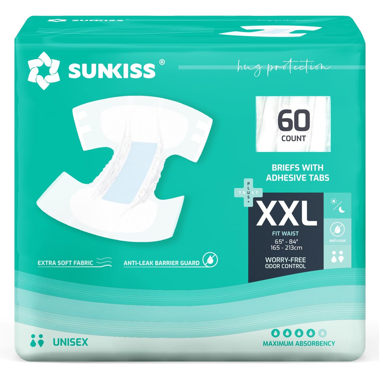 SUNKISS TrustPlus Adult Diapers with Maximum Absorbency, Unisex Disposable Incontinence Briefs with Tabs for Men and Women, Odor Control, XXLarge, 60 Count (4 Packs of 15)