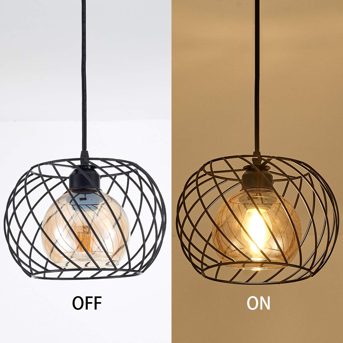 YLONG-ZS Pendant Light with Dimmer Switch, Amber Glass Shade, 16ft Cord, Black Finish, Model YL17B