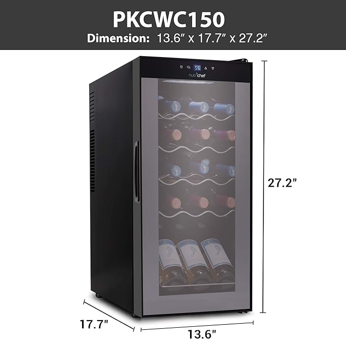 NutriChef Compressor Refrigerator White & Red Chiller Countertop Cooler-Freestanding Compact Mini Wine 15 Bottle Capacity, Digital, Glass Door, Black, Quiet Operation Fridge Touch Temperature Control