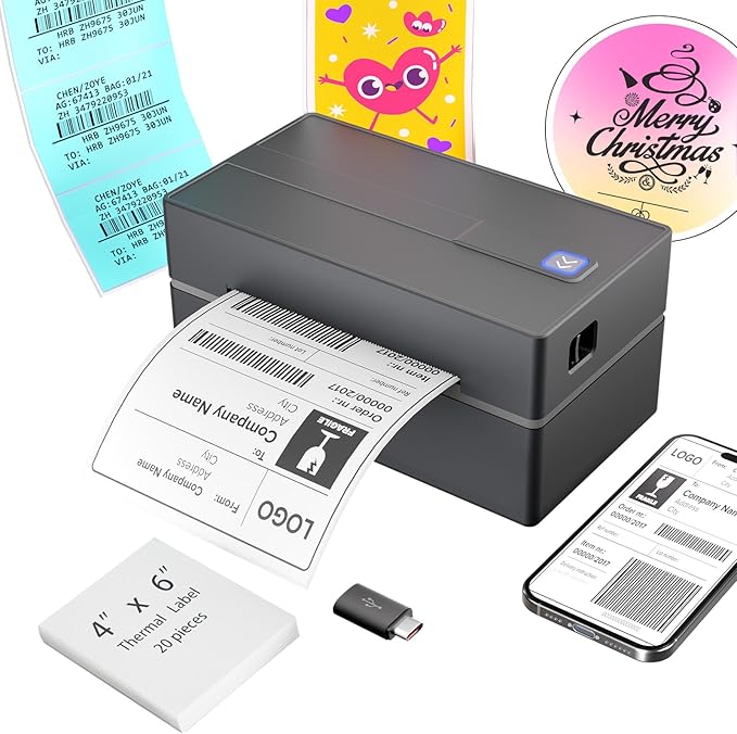 Bluetooth Thermal Shipping Label Printer: 4x6 Wireless Label Maker with Tape for Small Business - Compatible with iPhone, ...