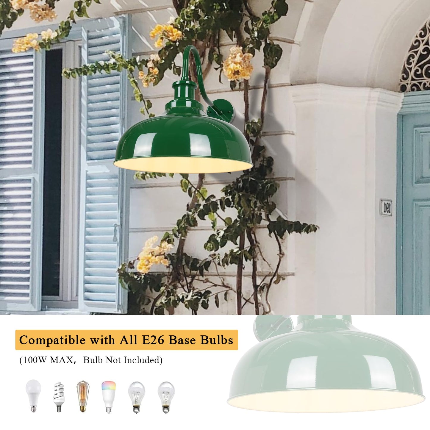 Diyel Outdoor Barn Light  14 Inch Dome Rustic Outdoor Wall Sconce  Farmhouse Exterior Wall Mount Lighting Fixture  Industrial Green Wall Lantern For Porch  Entryway  Garage  Rz007M Gr+Wh