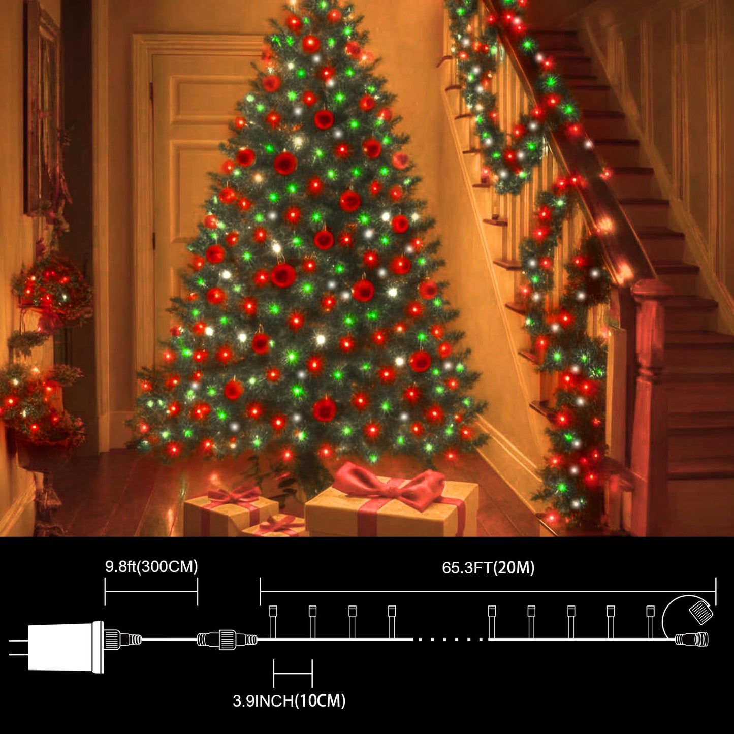 Lamphome 66Ft Christmas Decorative Mini Lights  200 Led Transparent Wire Fairy Starry String Lights Plug In  16 Lighting Modes For Outdoor Xmas Tree Wedding Party Decoration (Red Green White)