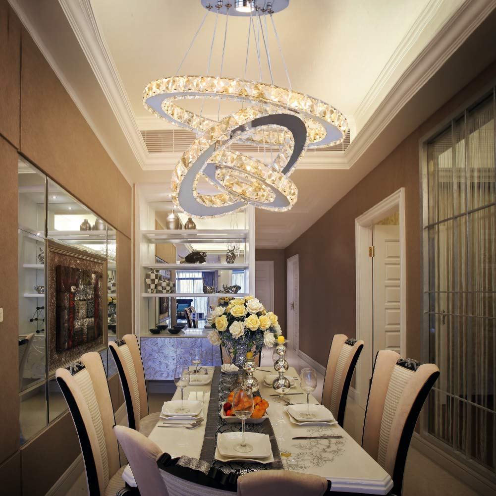 diisunbihuo LED Chandelier Modern Crystal Pendant Light Adjustable 20/30/40in Warm White Silver for Bedroom Living Room Dining Room