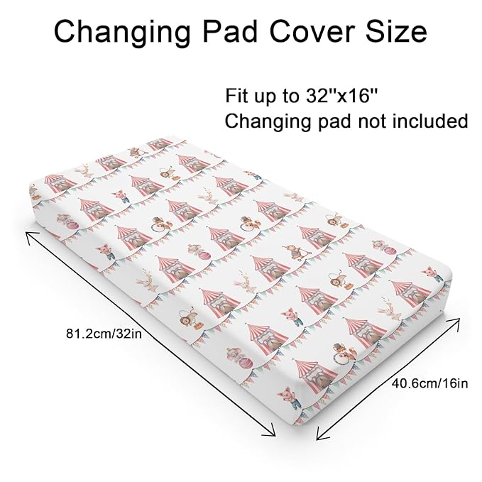 Watercolor Circus Animals Changing Pad Cover Cartoon Bear Lion Fox Bunny Elephant Pig Baby Diaper Change Table Sheets for Boy Girl Soft Stretchy Snug Fitted Changing Table Pad Mats 32''x16''