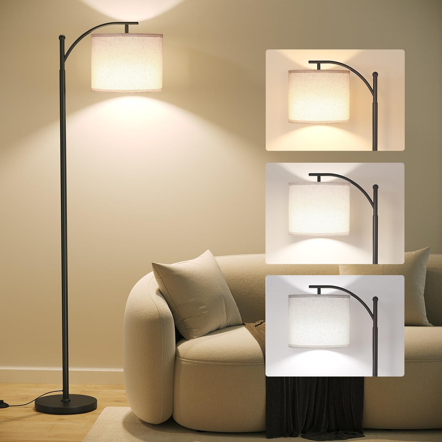 SUNMORY Arc Floor Lamp, Modern Metal Lamp with 9W 3 Color Temperatures Bulb, Adjustable Shade, Black, Model MF18166A