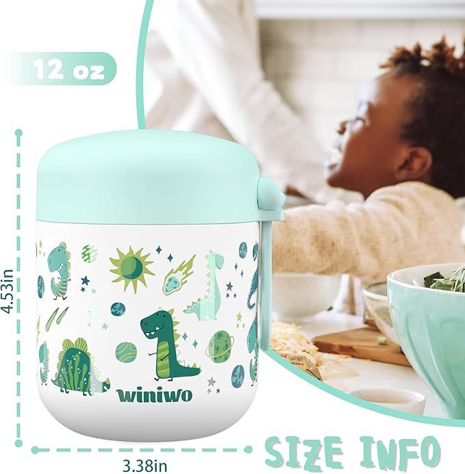 12oz Insulated Food Jar for Kids, Easy Carry, Wide Mouth, Thermos for Hot Food, Soup, Salad, Sandwich, School Lunches (Green-Dinosaur)