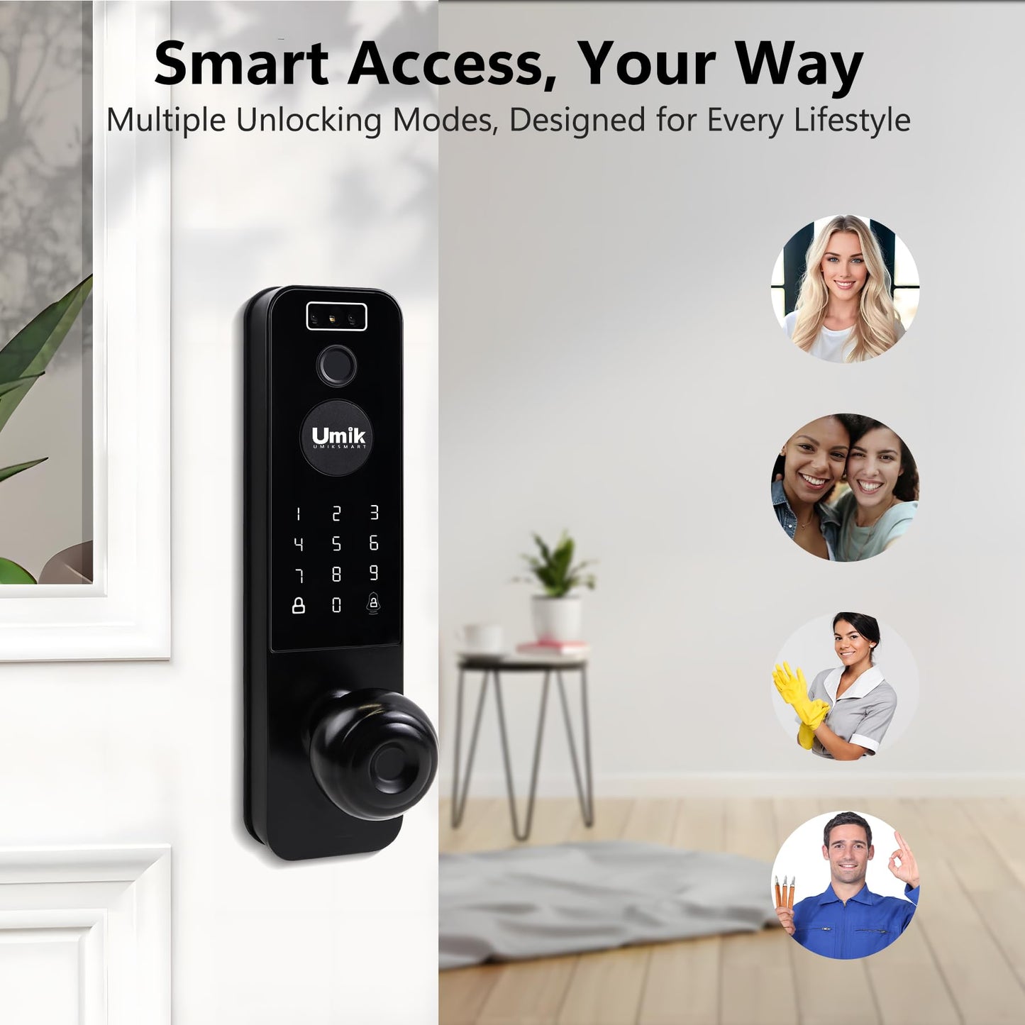 UMIK UMIKSMART 3D Face Recognition Smart Door Lock, Video Smart Lock with Camera&Doorbell, 6-in-1 Keyless Entry Door Lock for Front Door, APP Remote Control (Black)