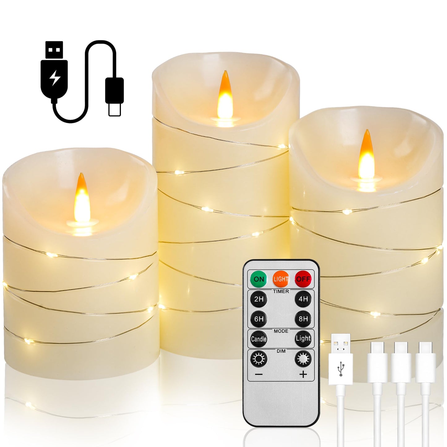 Ivory Rechargeable Flameless LED Candle 3-Piece Set (4/5/6 inches) - Real Wax with String Lights, Includes Remote and Timer, Safe and Realistic Flame, for Christmas/Halloween Home Decoration