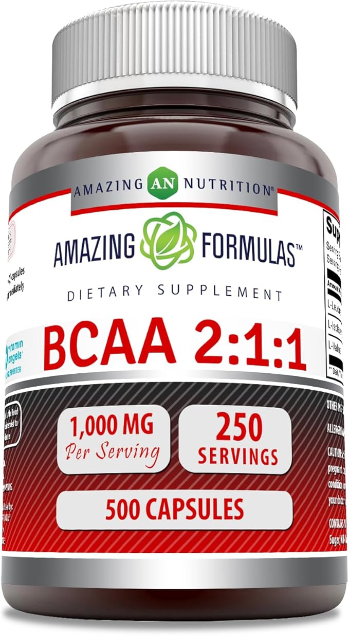 Amazing Formulas BCAA 2:1:1 1000 Mg Per Serving | Capsules | Branched Chain Amino Acids Supplement | Non-GMO | Gluten-Free | Made in USA (1 Pack, 500 Count)