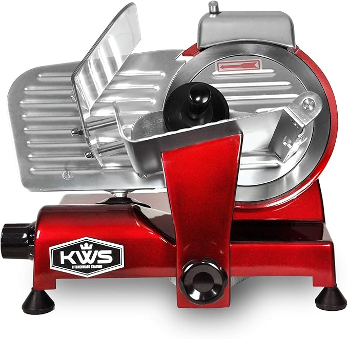 KWS MS-6RS Premium 200w Electric Meat Slicer 7.67-Inch in Red Stainless Steel Blade, Frozen Meat Deli Cheese Food Slicer Low Noises Commercial and Home Use