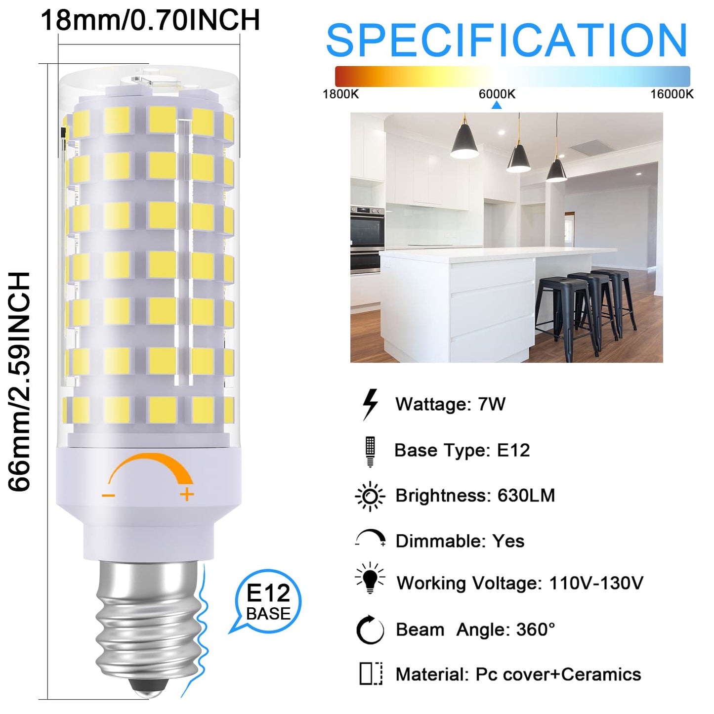 TAIYALOO E12 LED Candelabra Bulbs 7W Dimmable Daylight White 6000K 6 Pack T6 E12 Base