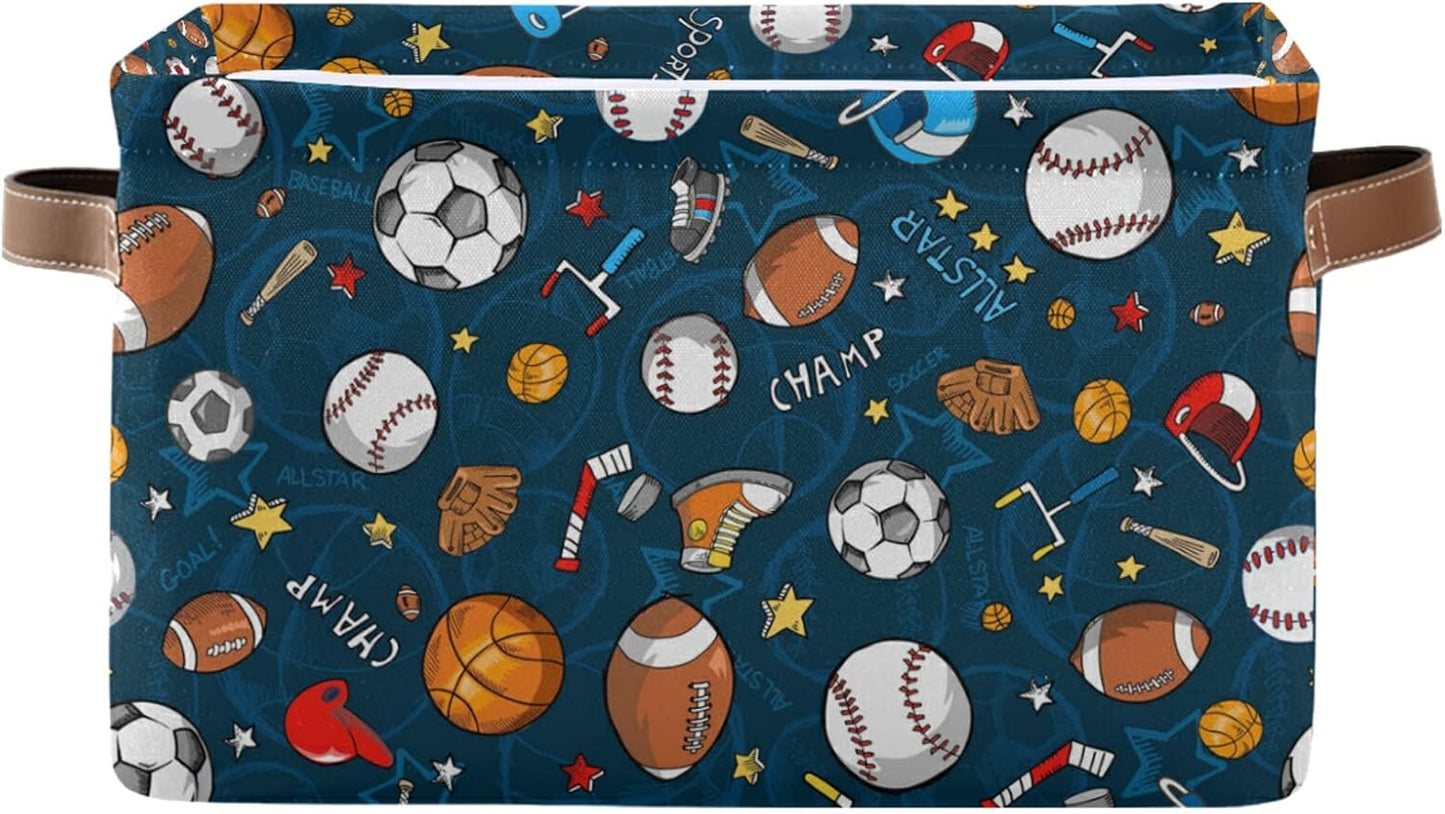 Sport Ball Baseball Basketball Storage Basket Bins, Football Soccer Decorative Baskets Storage Box Collapsible Storage Cubes Organizer with Handles for Nursery Shelf Closet Office Home
