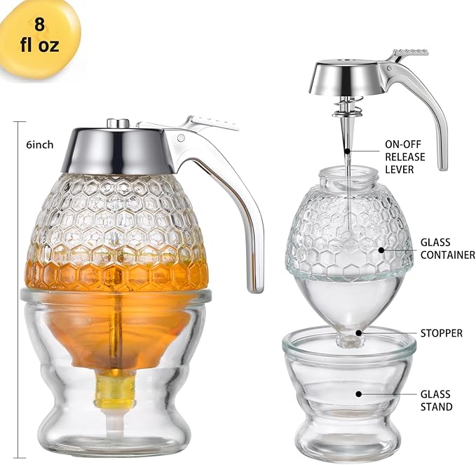 Honey Dispenser, 8oz Hunnibi Honey Container Dispenser No Drip Glass With Stand, Bee Container & Coffee Syrup Jar For Tea Time & Gifting, Elegant Comb Pot Bottle For Maple Syrup Bee