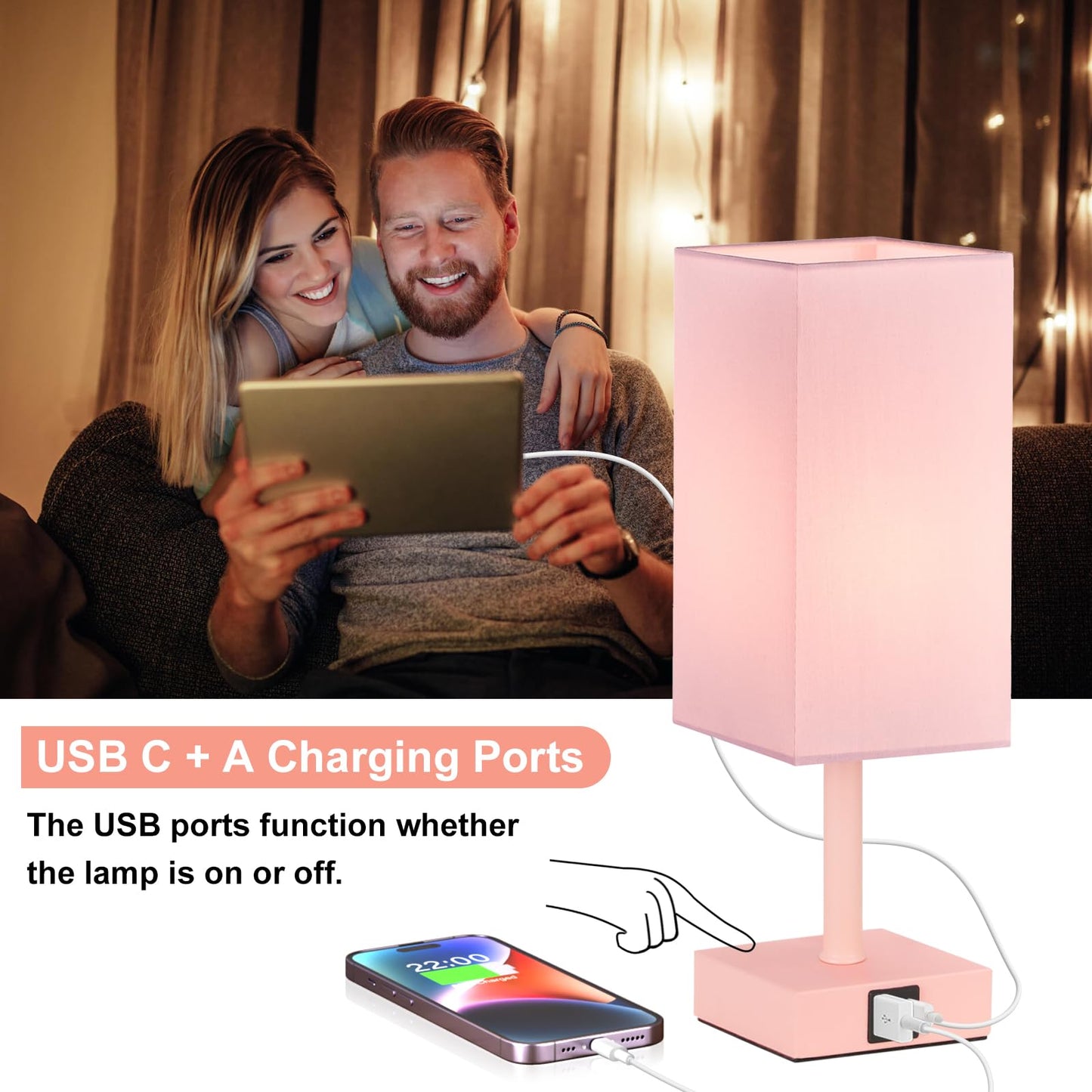 Ambimall Touch Control Table Lamp with USB Ports, 13 inches, Fabric, Pink Shade & Base, Model RPT-fang1-9