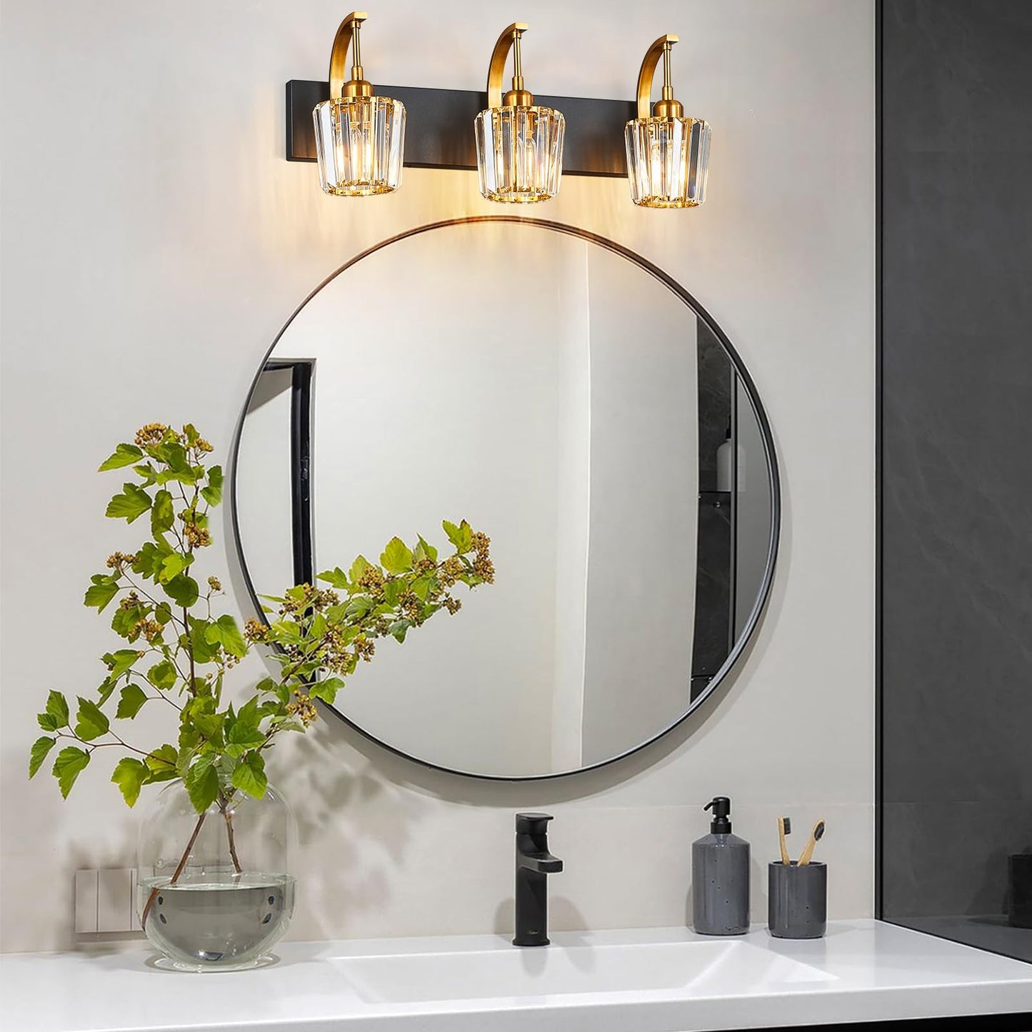 Fdpby Modern Bathroom Vanity Light  3-Light Black Gold Wall Sconce With Crystal Accents  Over Mirror Bathroom Lighting Fixture  23.62 Long Dimmable Vanity Lamp For Makeup  Easy Installation