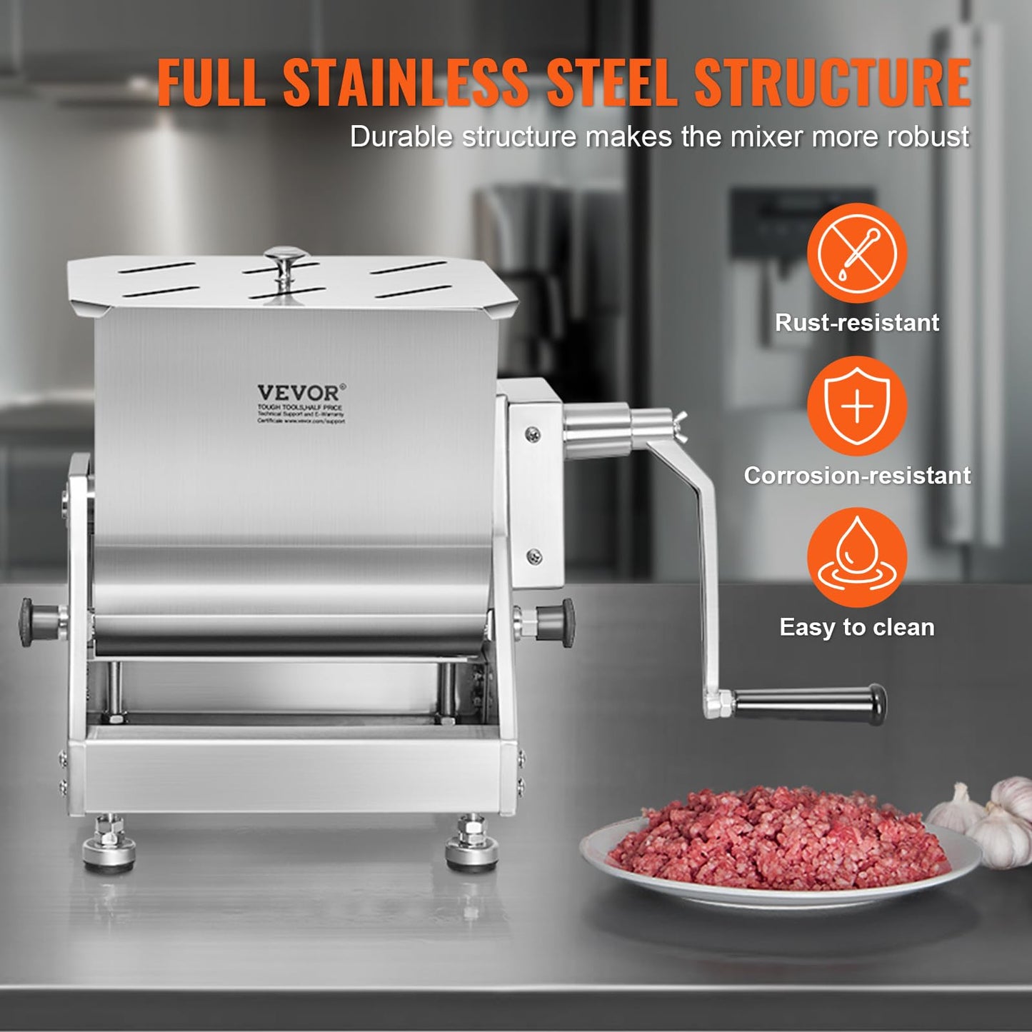 VEVOR Manual Meat Mixer, 60 Pound Capacity Tilt Tank Meat Mixer, Stainless Steel Meat Processing Equipment, Sausage Mixer Machine with Lid and Handle, Ground Beef Hand Mixer, Silver