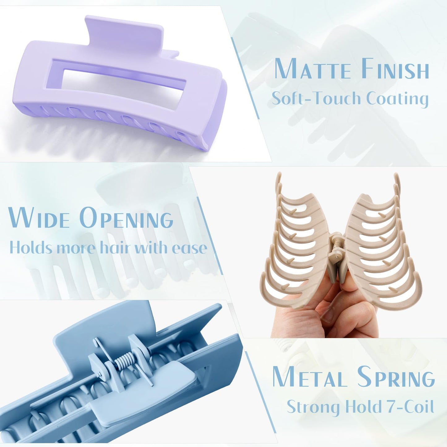 TOCESS Jumbo 4.33 Inch Hair Claw Clips for Women, 8 Pack Matte Non-Slip Rectangle Clips for Thick, Curly, Long or Straight Hair