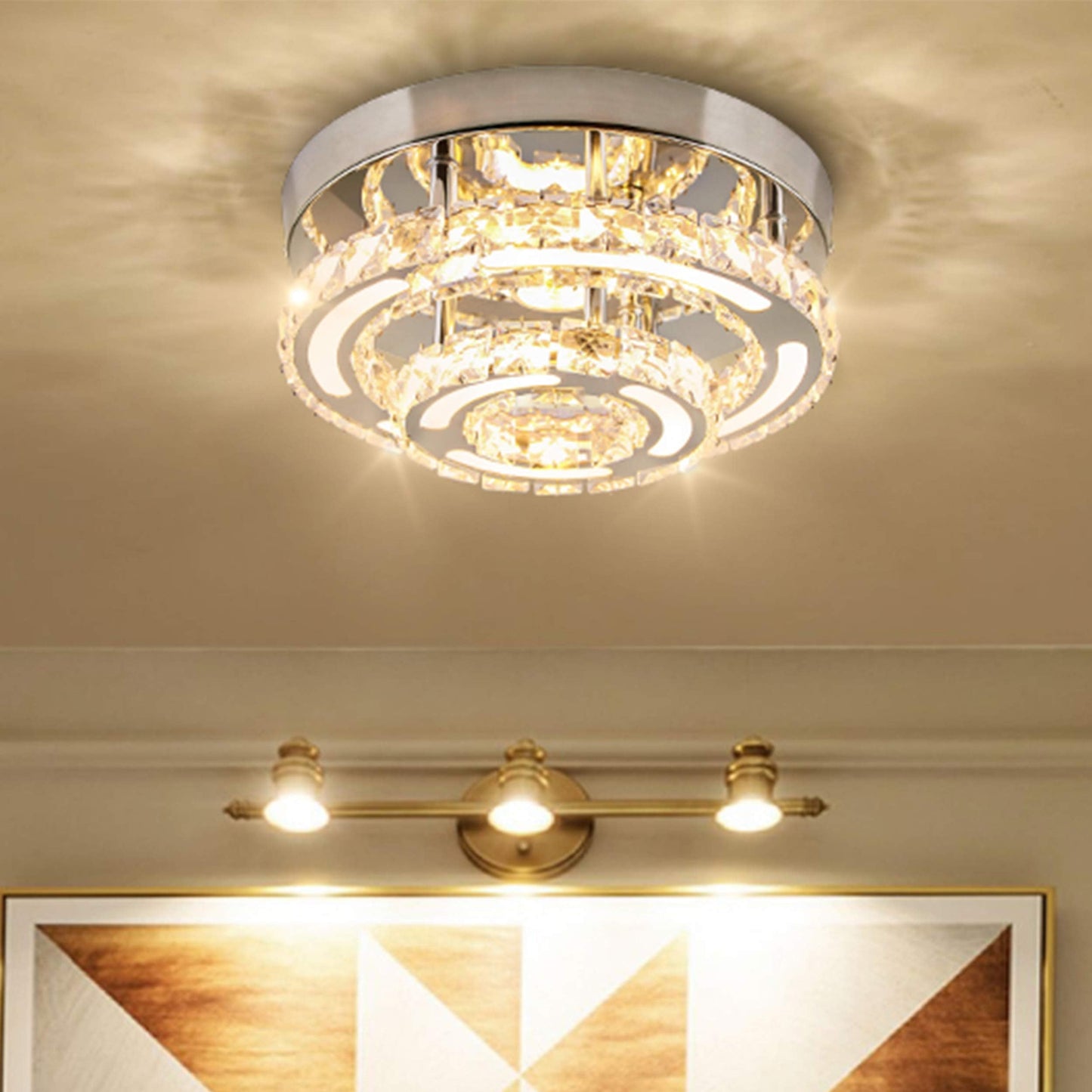 CXGLEAMING Modern LED Ceiling Light Chandelier, K9 Crystal, Stainless Steel, 3 Color Light, Round Small, Variable Light