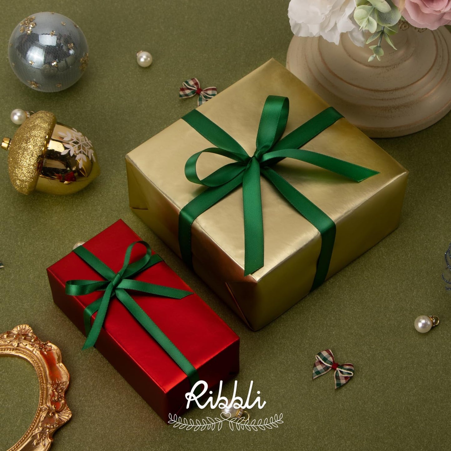 Ribbli Forest Green Satin Ribbon Double Faced Satin 1/4 Inch x Continuous 100 Yards-Green Ribbon for Gift Wrapping Crafts Wedding Decoration Bows Bouquet Floral Arrangement