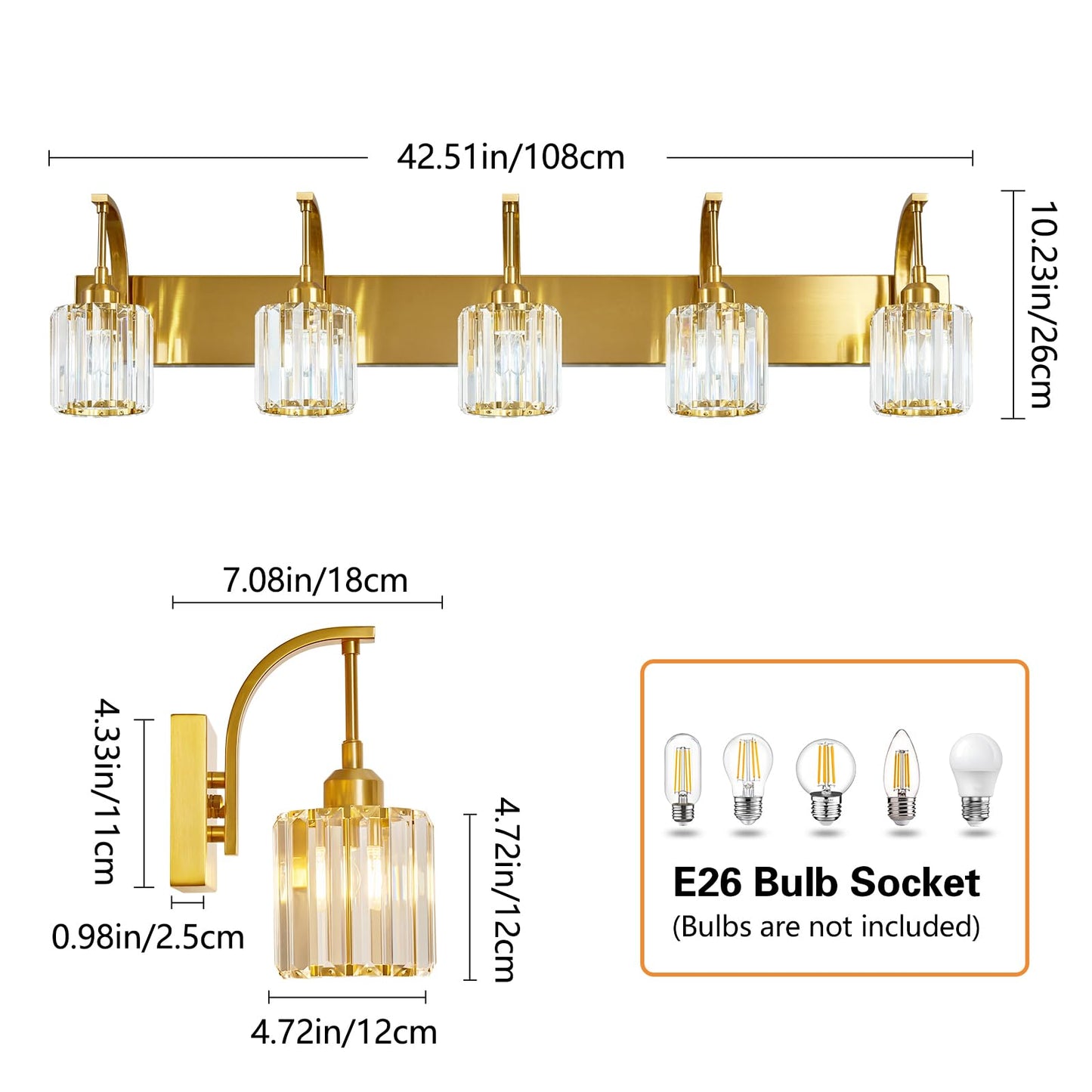 Fdpby 5-Light Crystal Vanity Light  Modern Gold Bathroom Wall Sconce With K9 Crystal Shades  42.51 Long Over Mirror Lighting For Vanity  Makeup  Hallway  Elegant & Easy Installation