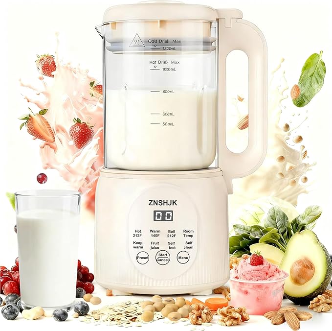 8-in-1 Nut Milk Maker, 40oz Automatic Soy, Almond & Oat Milk Machine for Homemade Plant-Based Drinks, with delay start, keep warm, boil water & self-cleaning functions