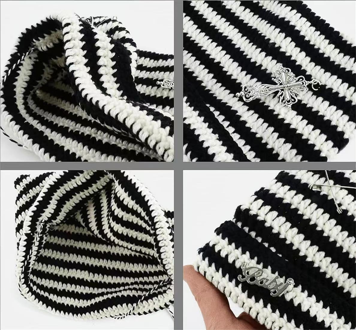 Y2k Beanies Crochet Knitted Cat Hats Goth Cross Devil Hat Striped Alt Emo Accessories Grunge Y2k Aesthetic Clothes (Red,One Size)