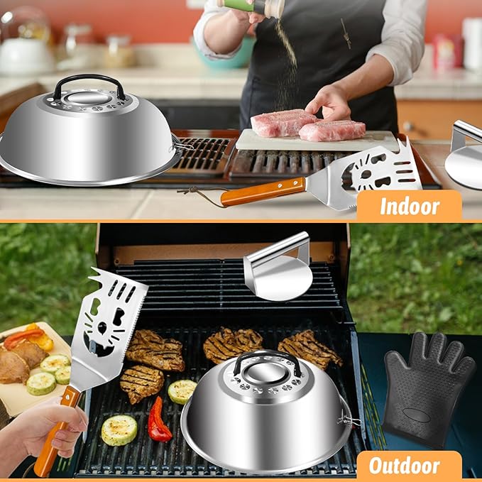 Smashed Burger Set, Stainless Steel Burger Press Kit, Burger Press, 10 Inch Basting Cover, Grill Spatula,1 BBQ Glove - Griddle Accessories for Blackstone or Flat Top Griddle Grill Cooking