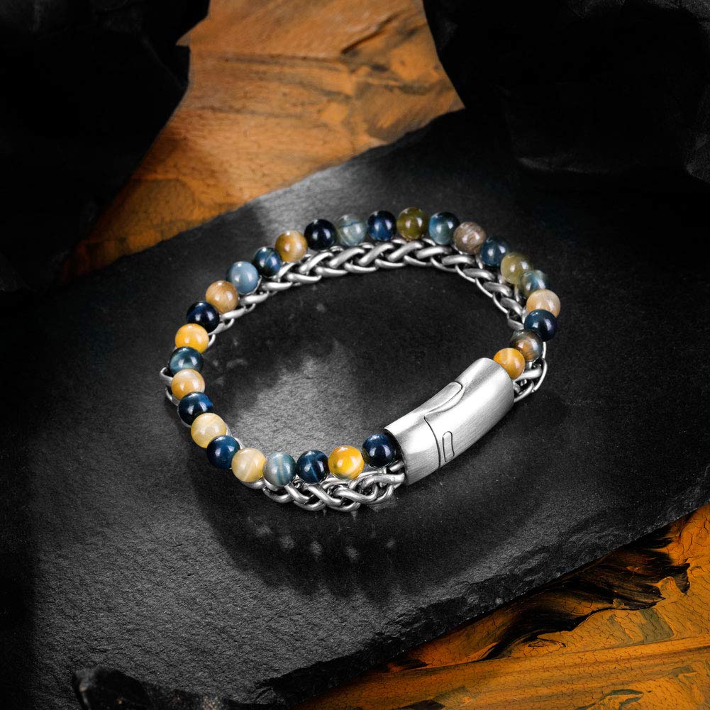 murtoo Mens Bead Leather Bracelet, Blue and Brown Bead and Leather Bracelet for Men (Silver)
