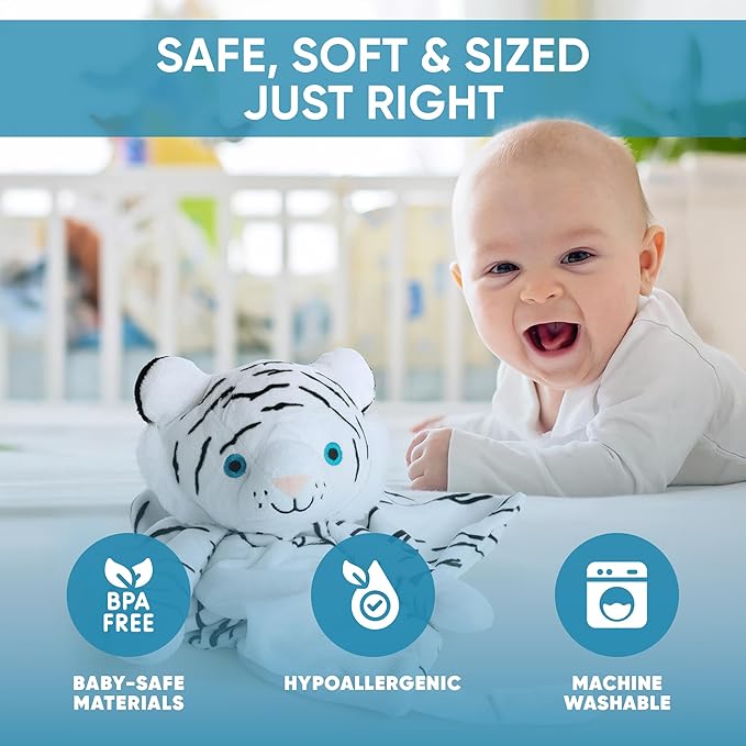 Love By Emi Sleep Soother White Noise with Heartbeat Tiger Plush & Lullaby, 4-in-1 Sound Machine, Security Blanket, Pacifier Holder, Baby Gift Registry Essential for Newborns, Infants & Toddler