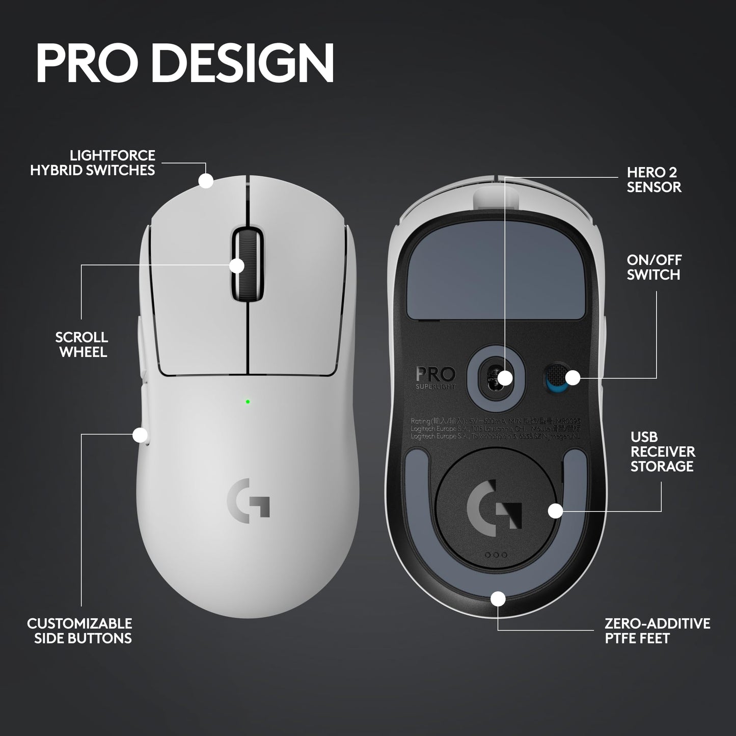 Logitech PRO X Superlight 2 Wireless Gaming Mouse, White | Ultra-Lightweight, Hero 2 Sensor, 44k DPI, 5 Programmable Buttons, Lightspeed Wireless, PC/Mac | with Signature Series Charging Dock