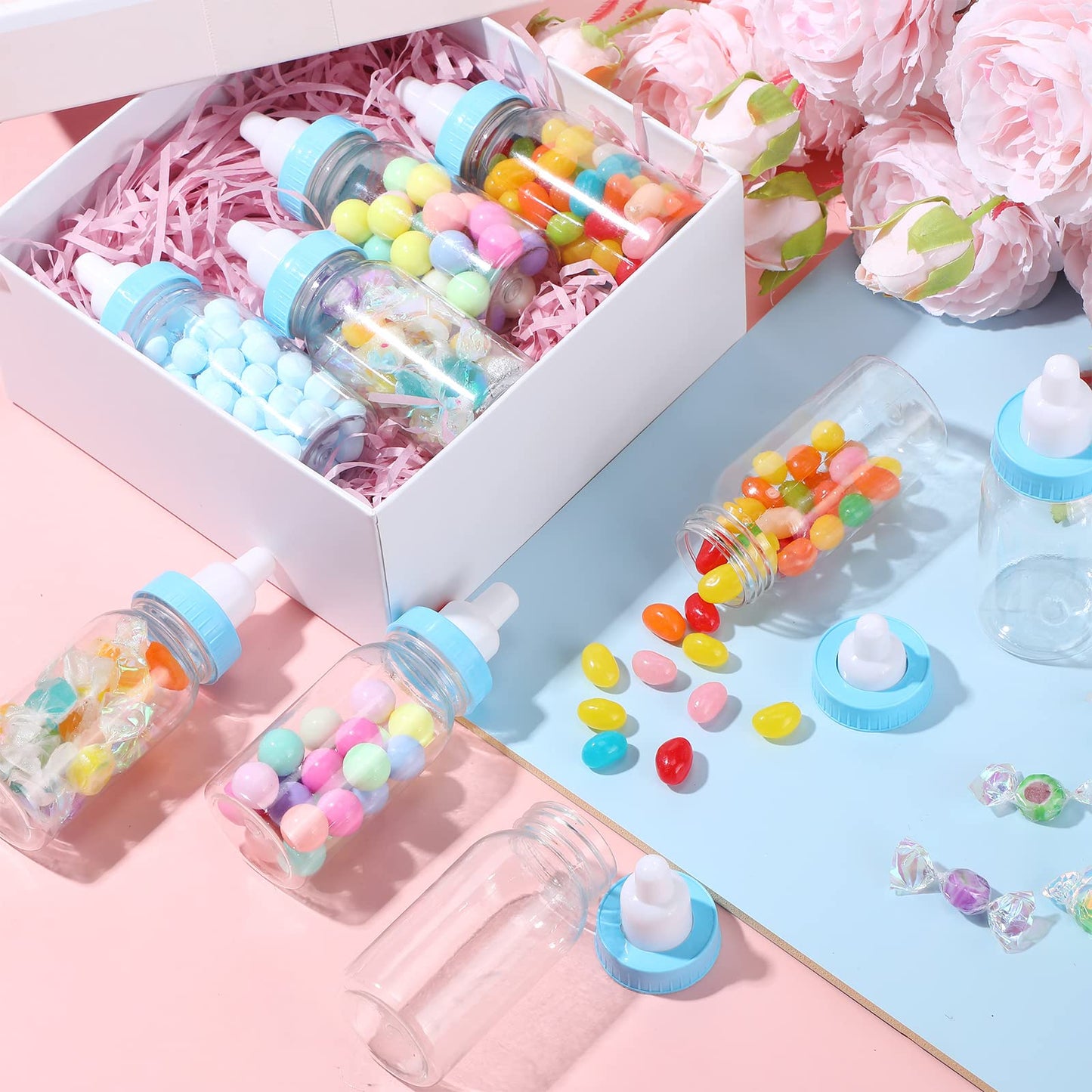 48 Pcs 4.5 Inch Baby Bottle Shower Favor Mini Plastic Candy Bottle Baby Shower Fillable Feeding Candy Box for Party Boy Girl Birthday Newborn Baptism with Removable Blue Tops