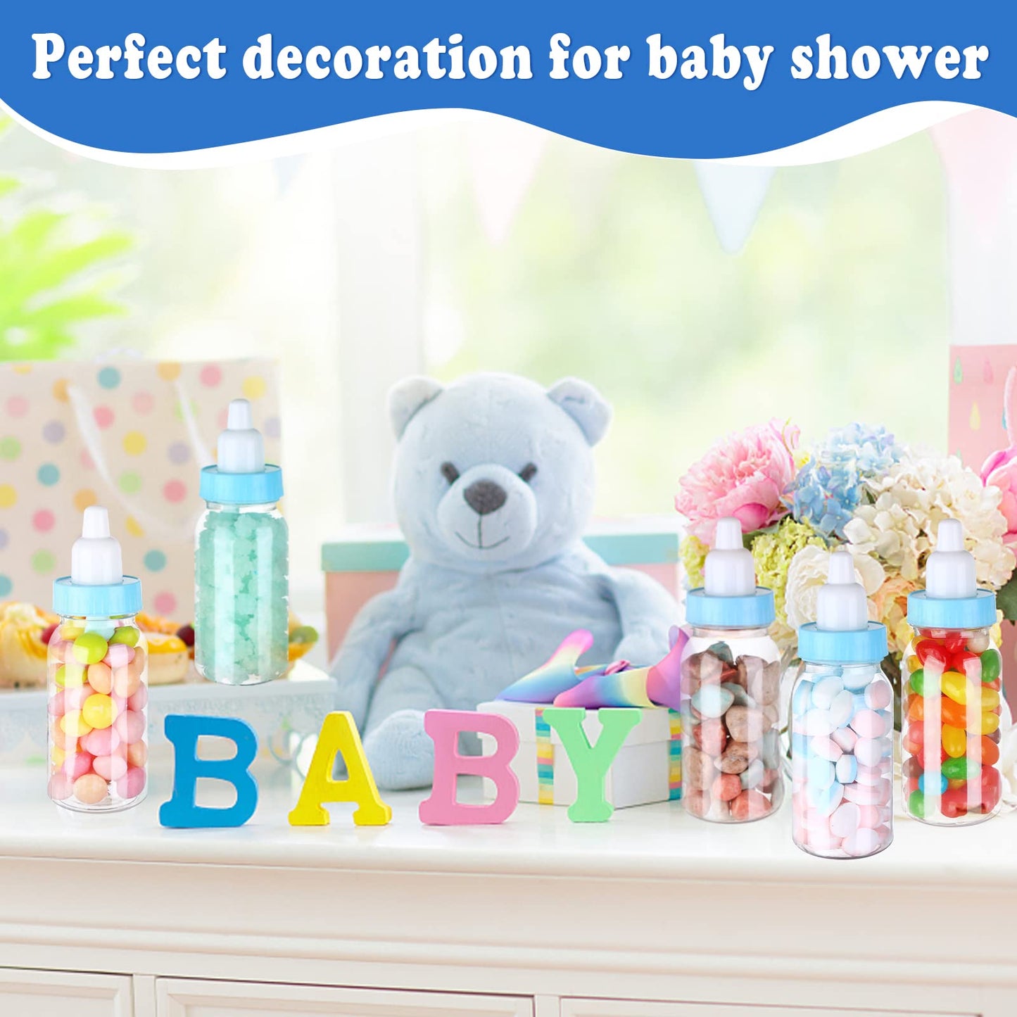 PINKXHY 60 Pcs 4.5 Inch Baby Mini Milk Bottle Baby Shower Favor Fillable Feeding Bottle Candy Box Small Plastic Candy Container DIY Gift for Boy Girl Newborn Baptism Party Decor (Blue)