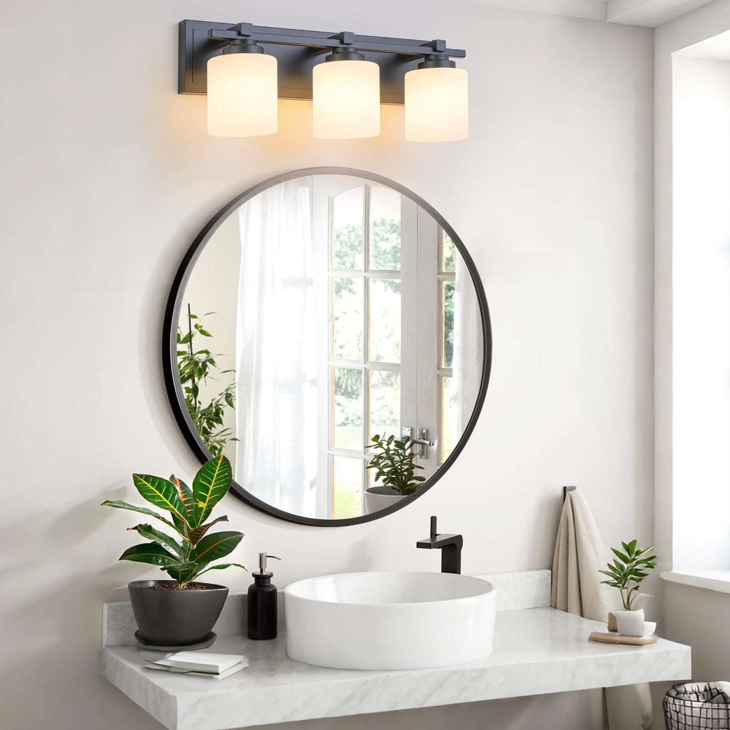 BrkNit 3 Light Modern Bathroom Light Fixtures Over Mirror, Black Vanity Lights for Bathroom Wall Sconces with Milky White Glass Shades, E26 Socket (Bulbs Not Included)