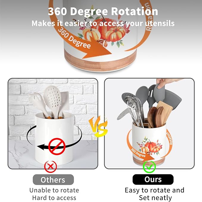 HAPPY KIT 7.6″ Utensil Holder Autumn Decor - 360° Rotating Utensil Holder Pumpkin Decor for Kitchen Counter with 3 Removable Compartment, Housewarming Gift & Farmhouse Decor