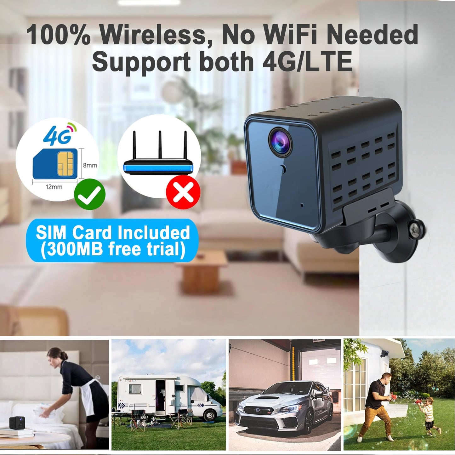 Javiscam 4G No Wifi Security Camera, Cellular Security Camera, Sim Inserted, 2K Qhd Indoor Camera, Radar Motion, 20-Day Standby