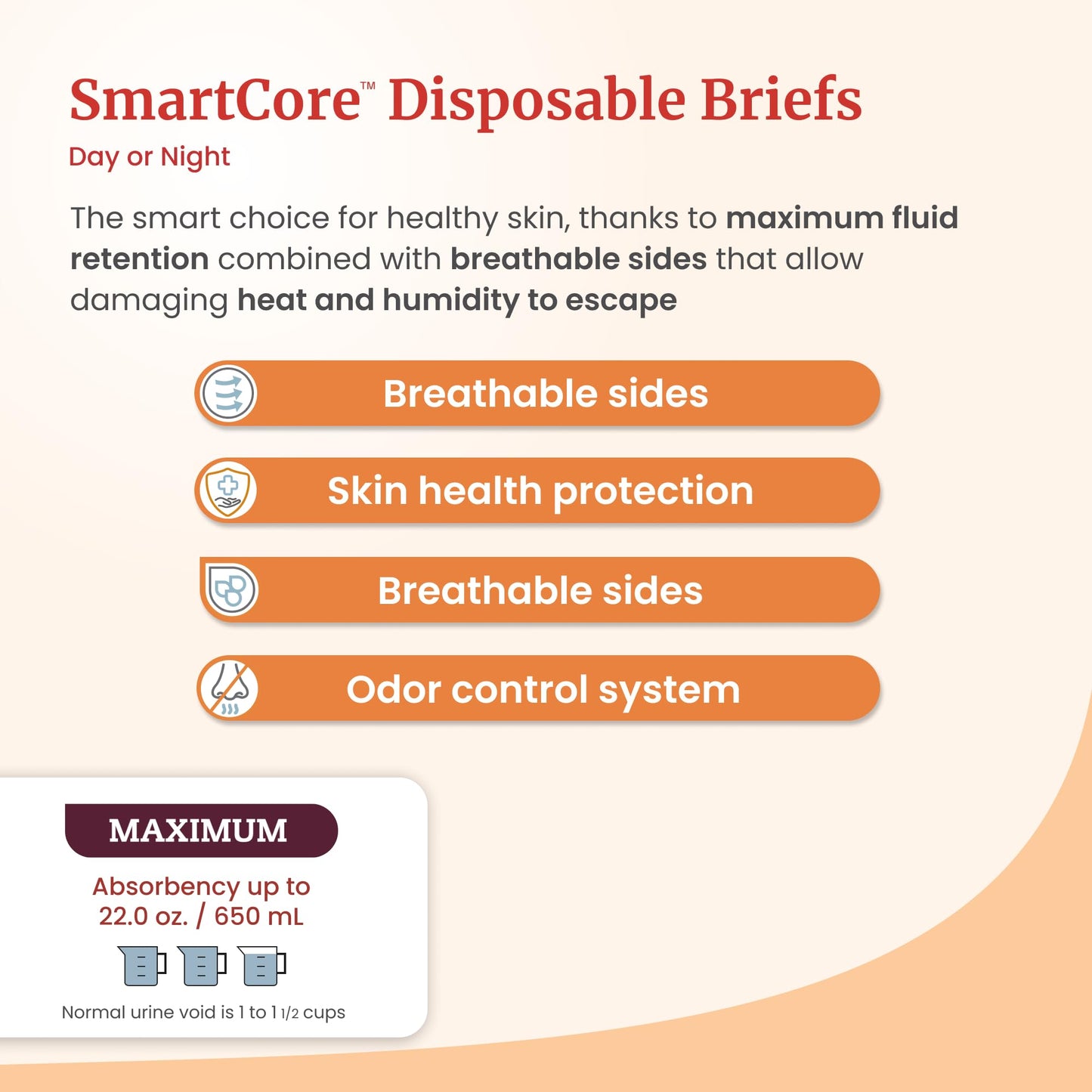 Tranquility SmartCore Adult Disposable Briefs, Incontinence Control with Breathable Kufguard Technology, Fastening Tabs & Wetness Indicator, Latex-Free, Adult Large, 34oz Capacity, 96ct Case