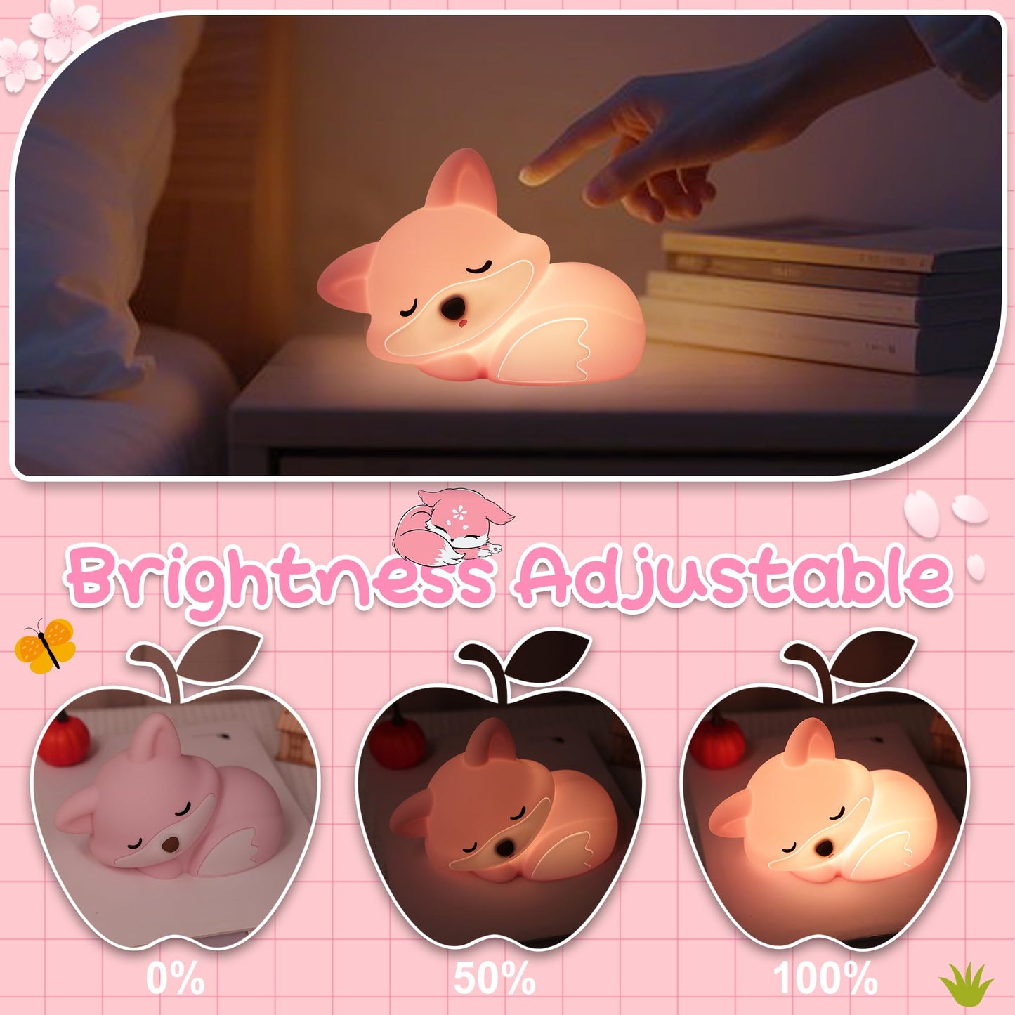 Okayera Fox Lamp For Girls  Pink Silicone Squishy Fox Shaped  20 Mins Auto-Off Rechargeable Dimmable Night Light  Fox Gifts For Nursery Baby Girl Women  Christmas Idea