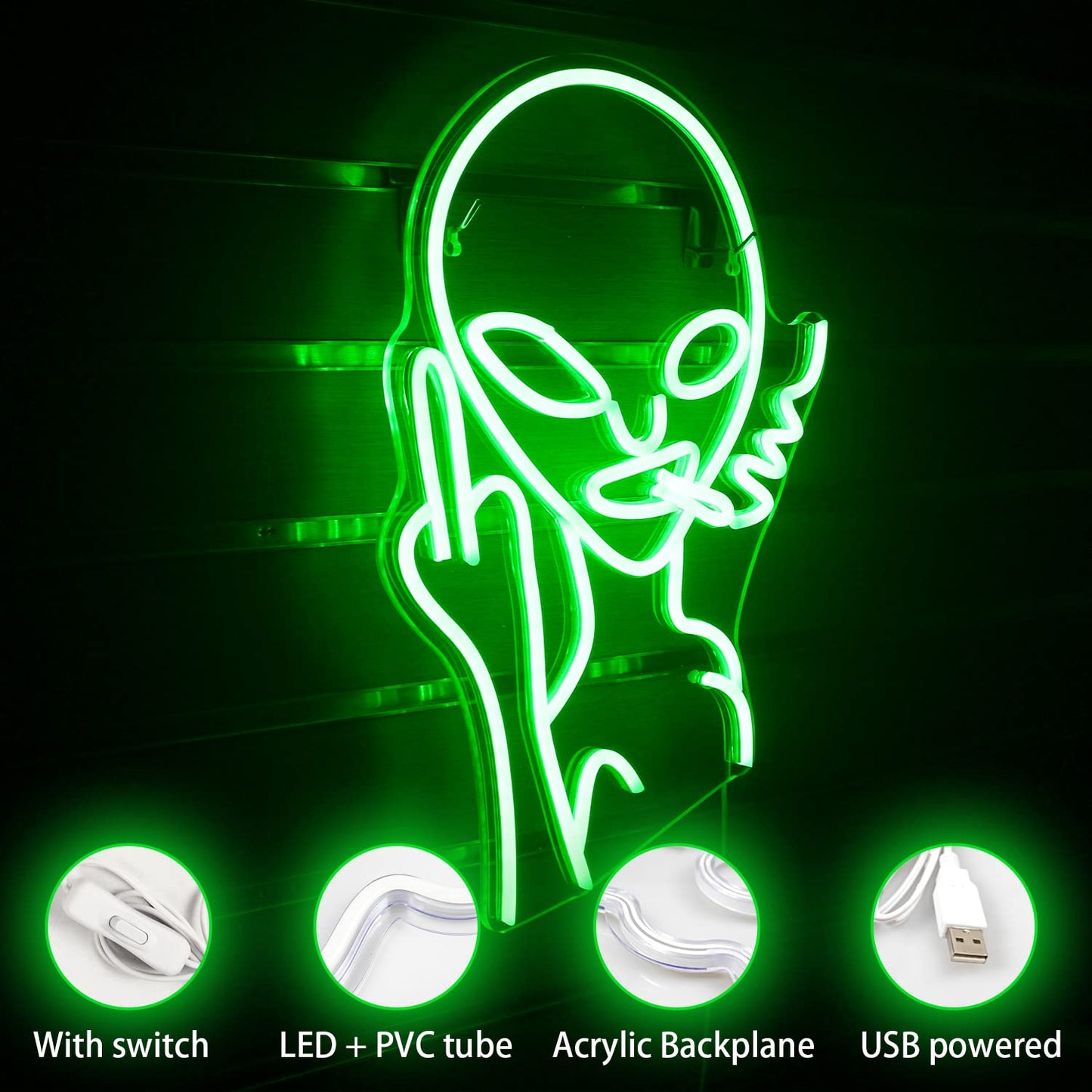 LUCUNSTAR Green Alien Neon Sign LED Wall Decor - Acrylic for Bedroom, Game Room, Pub, Hip Hop Party