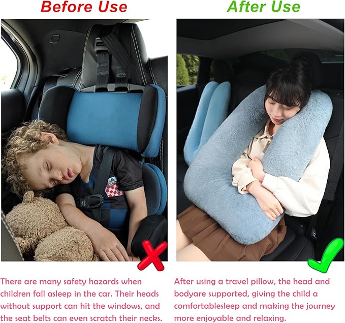 Kids Travel Pillow for Car Seat with Hand Muff, Cartoon Neck & Headrest Seat Belt Pillow for Car Road Trips Long-Distance Travel Sleeping Pillow for Adults and Children, Pink