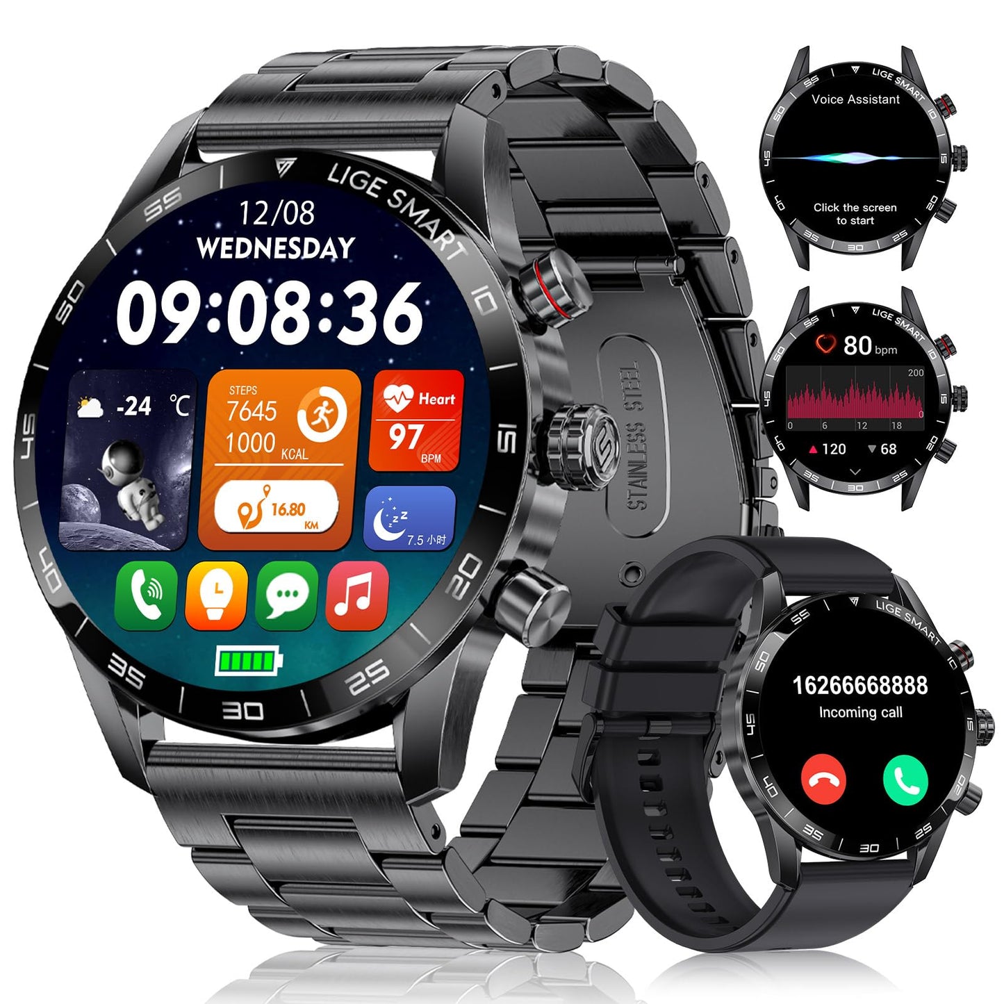 Lige Smart Watches For Men,1.43 Amoled Display With Bluetooth Calls/Message Push, 100+ Sport Modes Blood Pressure/Heart Rate Tra