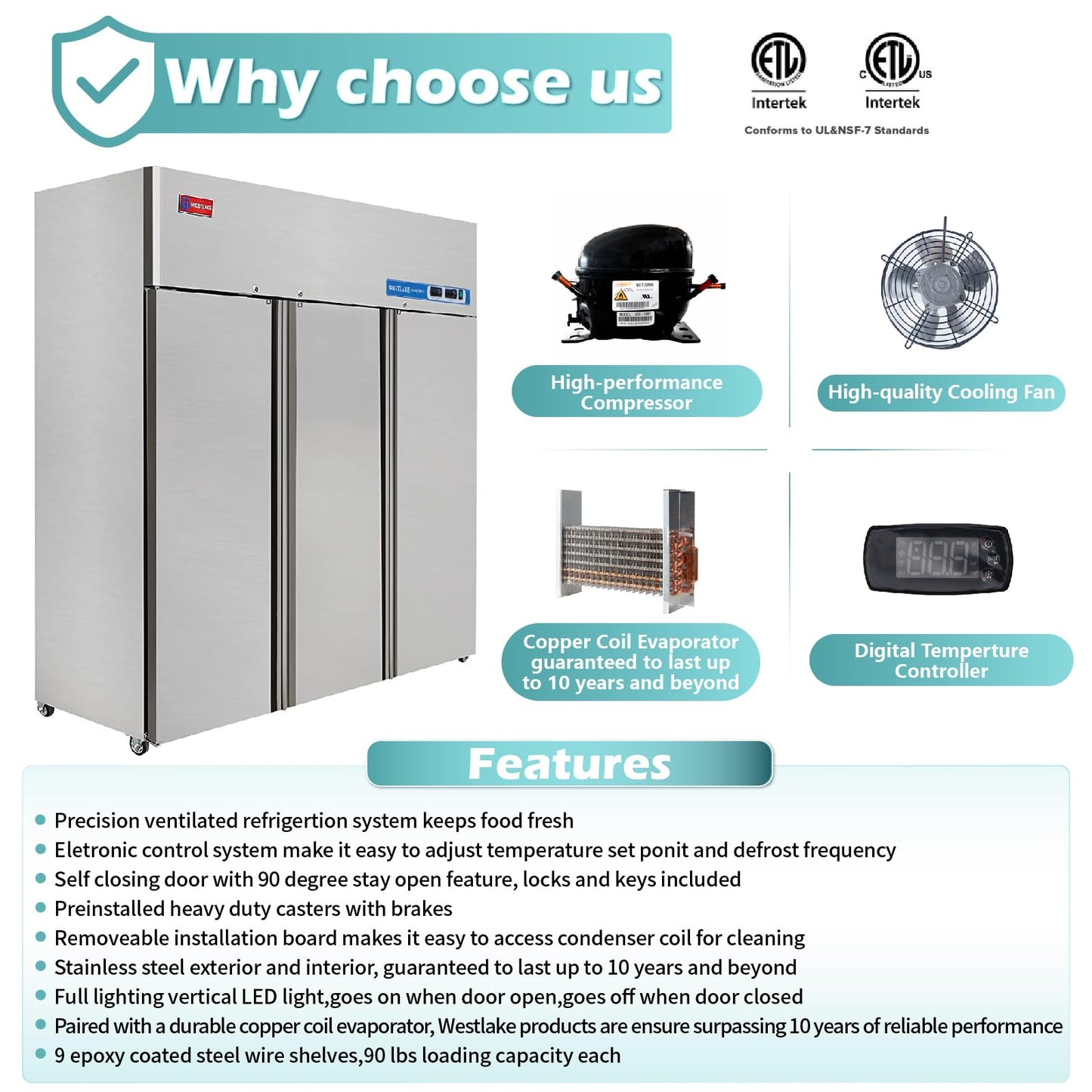 WESTLAKE Commercial Refrigerator and Freezer Combo 72" W 3 door 3 Section Stainless Steel Reach in Solid door Fan Cooling 54 Cu.ft Refrigerator and Freezer Combo for Restuarant, Bar, Shop, etc