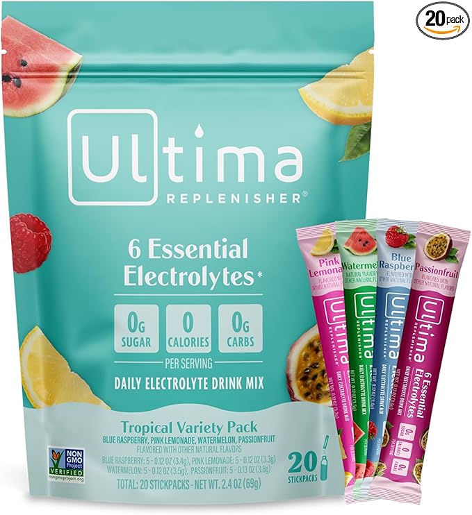Ultima Replenisher Daily Electrolyte Powder – Tropical Variety Pack, 20 Stickpacks – Zero Sugar Hydration Packets with 6 E...