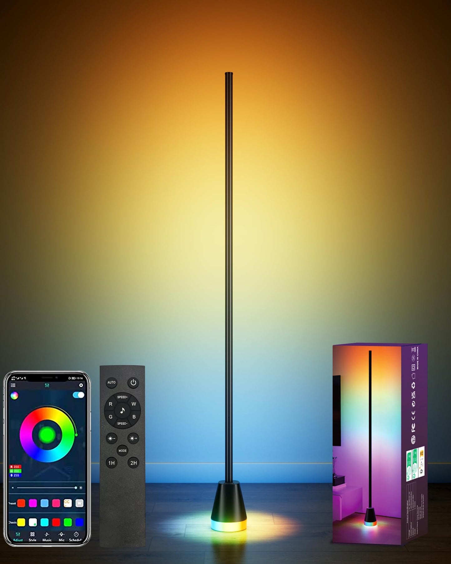 CCACC Smart RGB LED Corner Floor Lamp with App & Remote Control, 172 Light Beads, Music Sync, Black