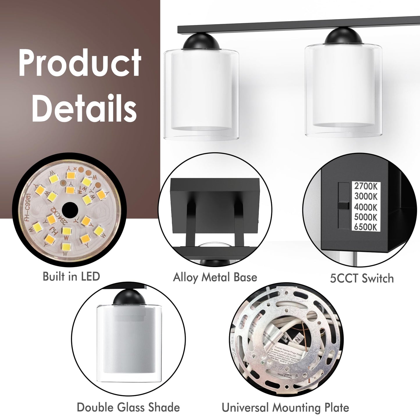 Quntis Bathroom Vanity Light Fixture - 5 Light Dimmable LED, Milk White Frosted Glass, 35W, 33 Inch, Black & Clear