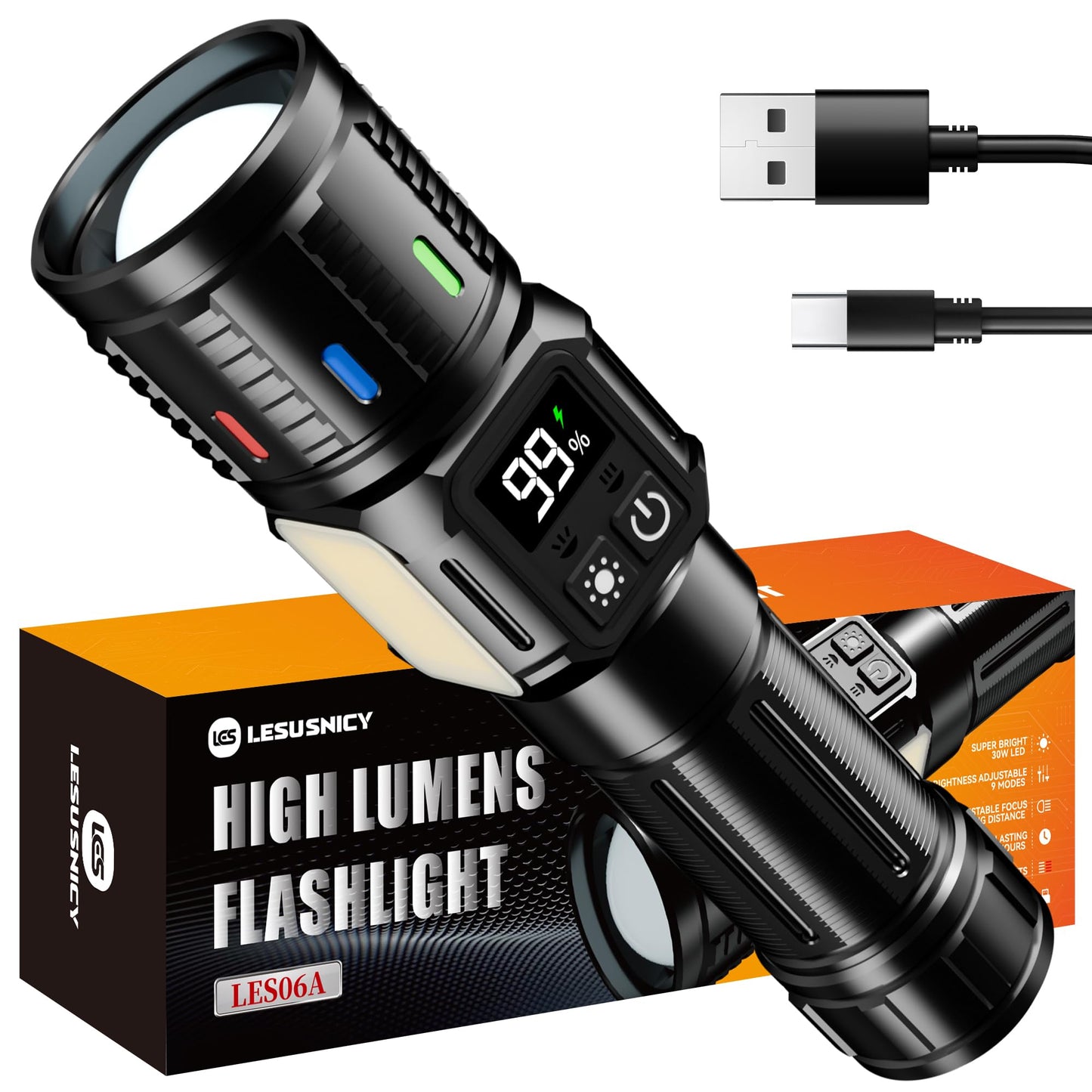 Lesusnicy Rechargeable Flashlights High Lumens 10000  Super Bright Led Flash Light Long Lasting Usb C Lcd Display  Daul Light Source & Buttons With Red Light  For Camping Hiking Emergency Home Gift