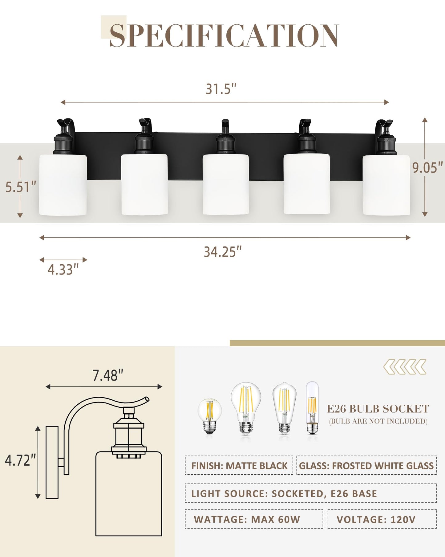 Jazava 5 Light Bathroom Vanity Light  Morden Black Vanity Light Bathroom Lighting Fixtures Over Mirror Black Wall Sconces With Milky White Frosted Shade Zcvl01Bkw-5