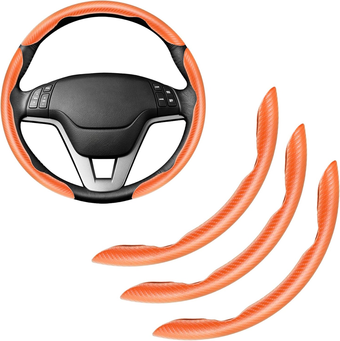Amiss 3pcs Carbon Fiber Anti-Skid Steering Wheel Cover, Segmented & Butterfly Design, Universal 99% Car Wheel Cover Protector, Orange