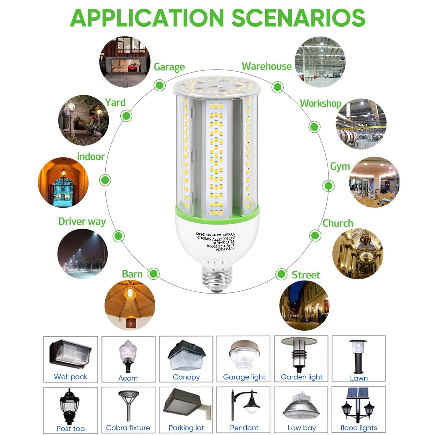 40W Led Corn Cob Bulb  400W Equivalent  5000K Daylight  E26/E39 Base  5600 Lumens - Replace Halogen/Metal Halide  For Barn  Shop  Porch  Yard  Garage Lighting
