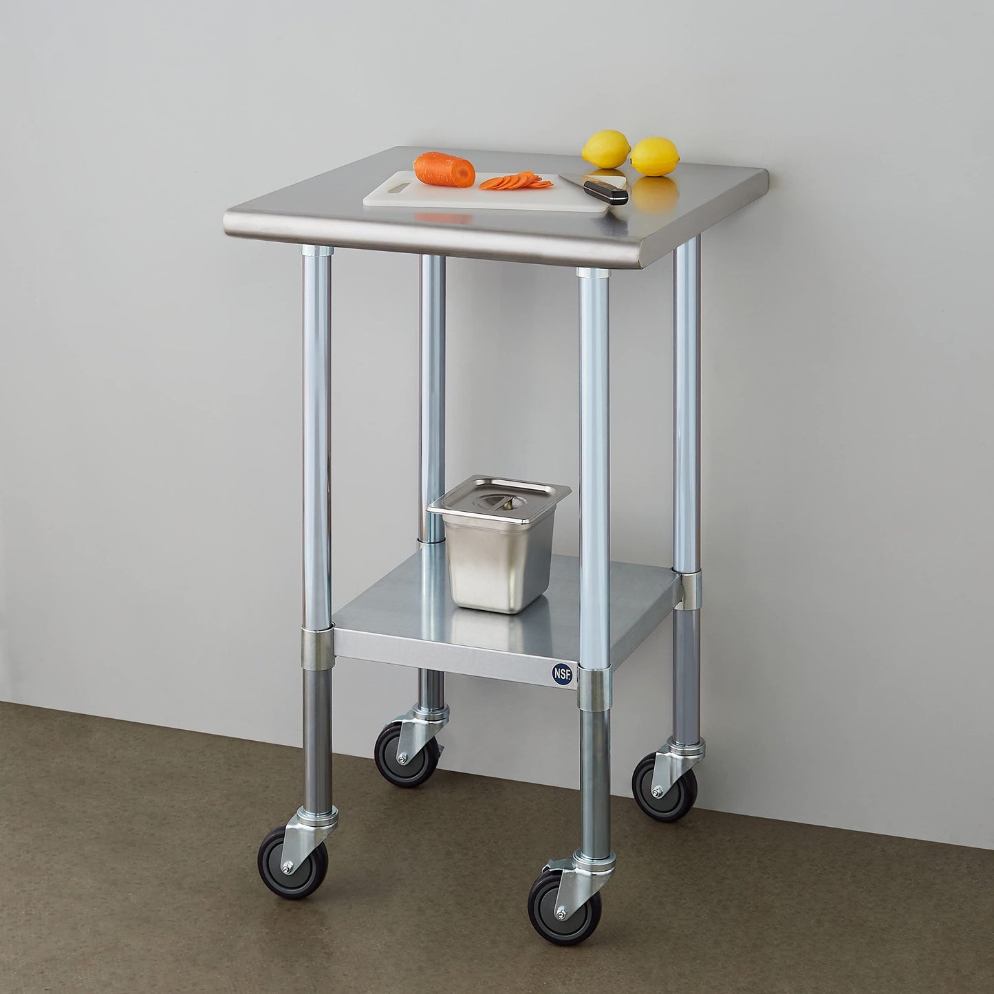 ROCKPOINT Stainless Steel Table for Prep & Work with Caster Wheels 24x24 Inches, NSF Metal Commercial Kitchen Heavy Duty Table with Adjustable Under Shelf and Table Foot for Restaurant, Home and Hotel