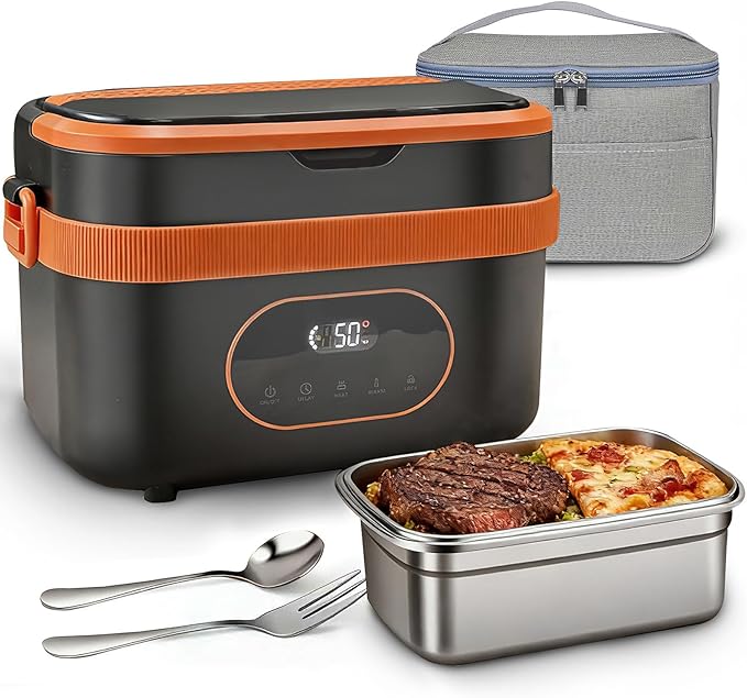 Cordless Electric Lunch Box,20000mAh Heated Lunch Box Rechargeable Battery Powered Self-Heating Food Warmer,1.5L Large Capacity Portable for Car,Work,Office,Travel,Picnic&Outdoor (Black & Orange)
